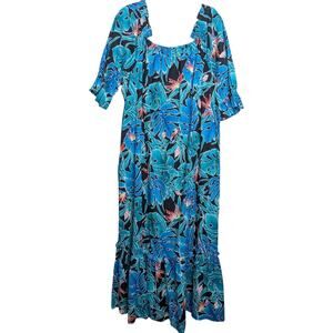Hilo Hattie Hawaiian Maxi Mumu Dress 1X Birds of Paradise Floral Flounce Tiki 80